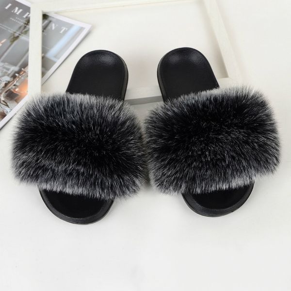 

2020 women furry slippers ladies shoes cute plush hair fluffy sandals women's fur slippers winter warm, Black