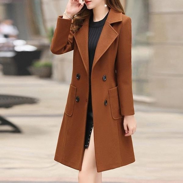 

womens winter lapel button long trench coat jacket ladies overcoat outwear temperament popular outerwear woolen coat 10.17, Black