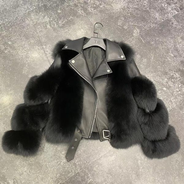 

brand 2020 luxury real fur coat winter jacket women natural fur genuine leather locomotive outerwear streetwear thick warm, Black