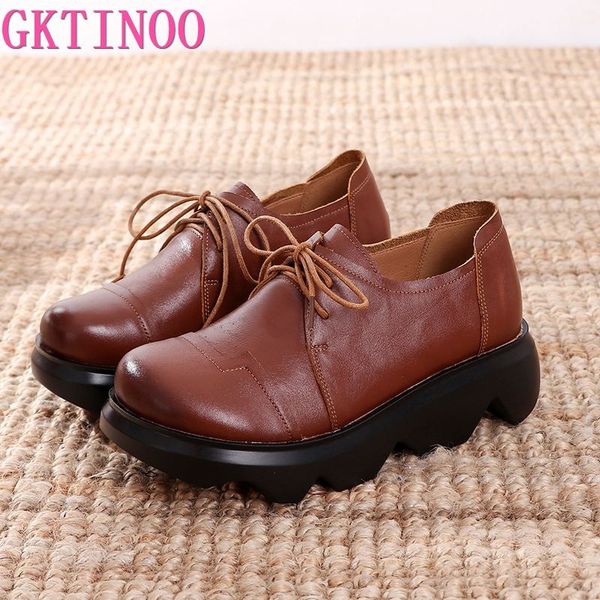 

gktinoo genuine leather flat platform shoes women 2020 autumn round toe light breathable black thick sole shoes woman flat
