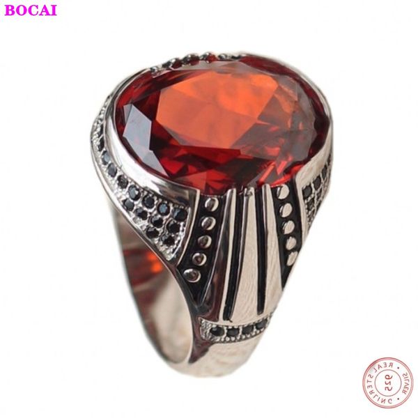 

new fashion red oval natural garnet mens ring inlaid zircon 100% real s925 pure silver ring for man, Golden;silver