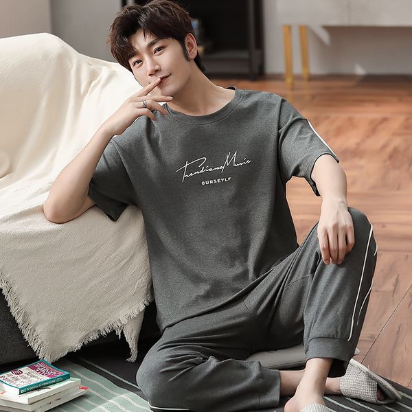 

men's sleepwear summer men pajamas set cotton dark grey loose large size homewear casual two piece beam foot teenager, Black;brown