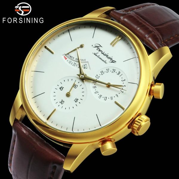 

forsining vintage luxury watch men classic automatic mechanical watches genuine leather strap working sub-dial business clock, Slivery;brown