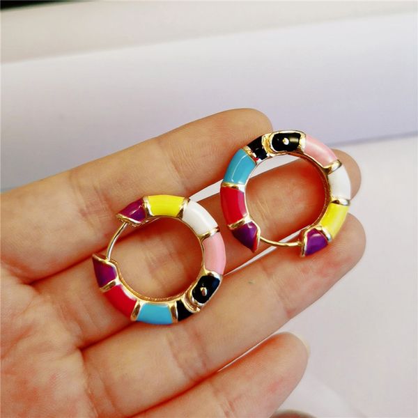 

hoop & huggie 2021 vintage multicolour enamel small earrings for women fashion geometric round circle jewellery gifts, Golden;silver