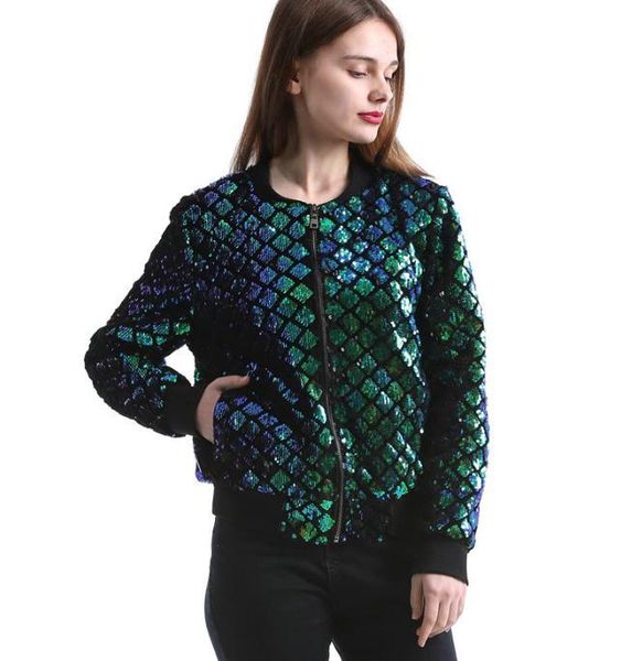 

new spring autumn women sequin coat green bomber jacket long sleeve zipper streetwear jacket preppy casual basic coat, Black;brown