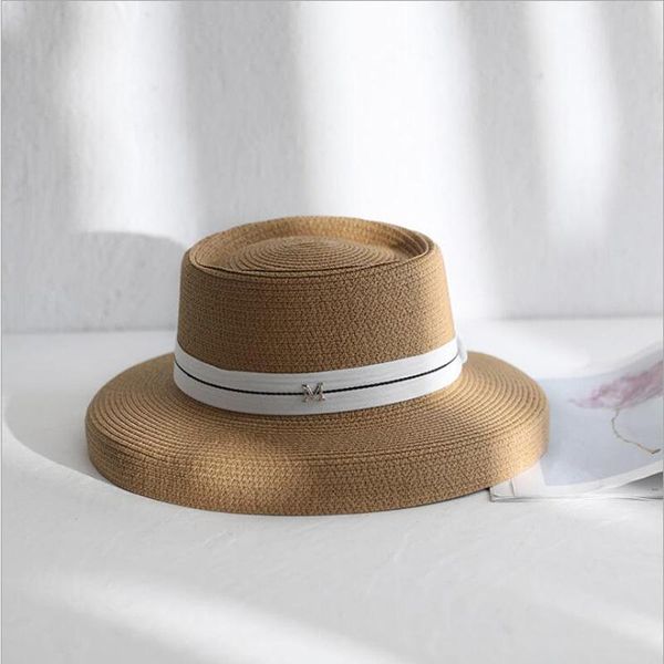 

style hat hat retro lady y200102  wide-brim summer new british ribbon straw beach sunscreen head sun letter flat braided hepburn day hfmpfm, Blue;gray