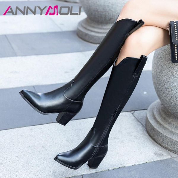 

annymoli western boots women shoes pointed toe block heels knee-high boots zip high heel long lady winter white black 46