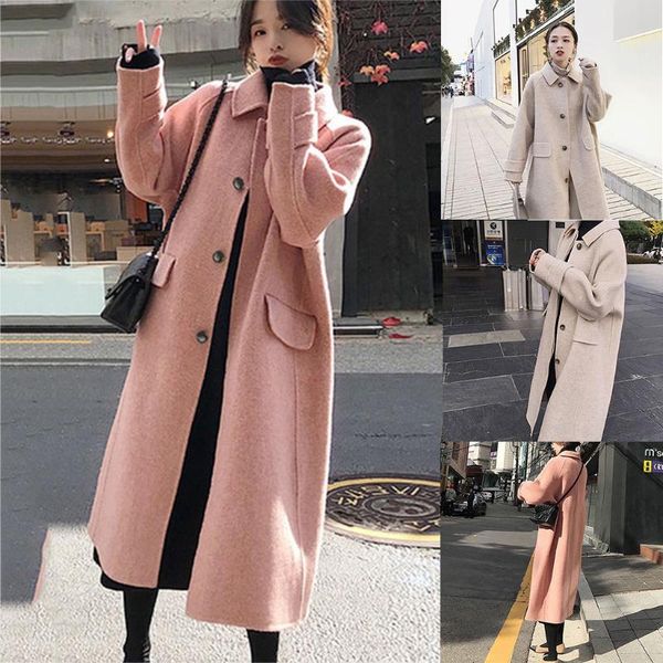 

womens winter lapel wool coat trench jacket long sleeve overcoat outwear woolen fixed waist belt double breasted 10.17, Black
