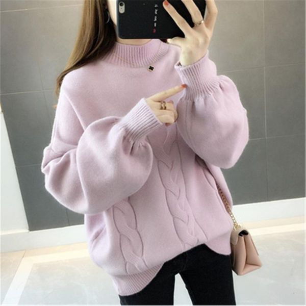 

korean winter women sweater half turtleneck lantern sleeve knit pullover loose plus size 5xl fashion jumper 2020 pull z2697, White;black