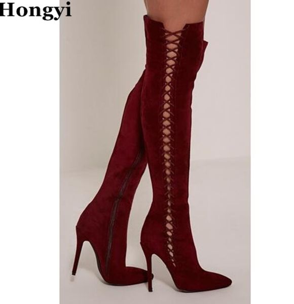 

hongyi new arrival winter over the knee wine red suede leather lace up boots thin high heel side zip decorated pointed toe boots, Black