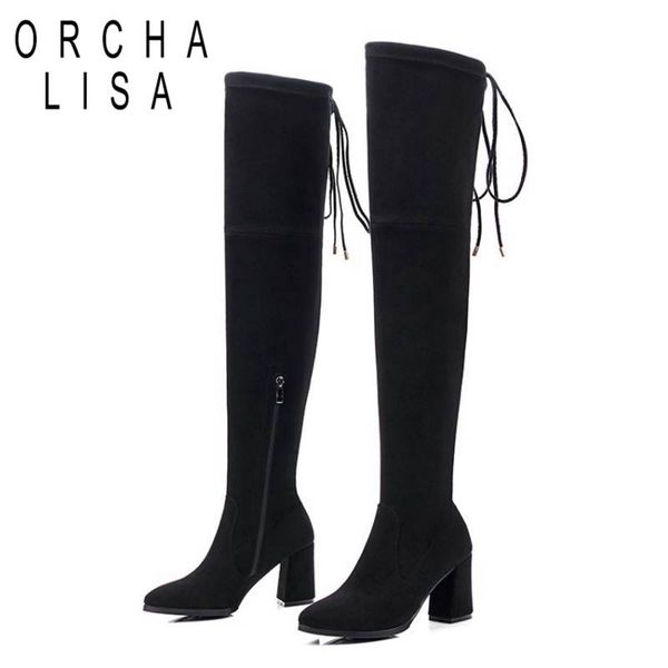 

orcha lisa women over-the-knee boots pointed toe square thick heels flock lace up side zipper strechy solid color size 33-43, Black