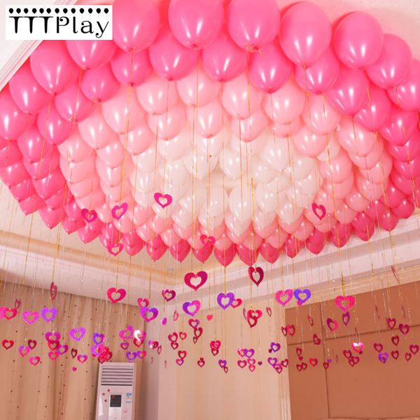 

party decoration 100pcs/lot bling shiny heart paperboard cards balloons pendant ribbon wedding balloon supplies 6 color optional