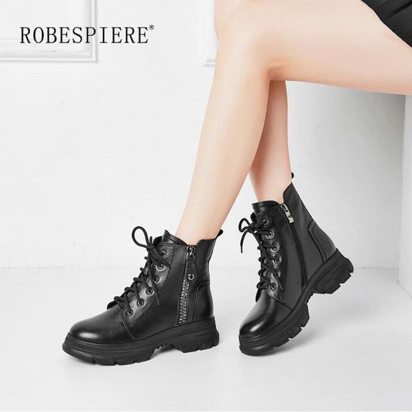 

robespiere winter casual platform snow boots women lace up zipper warm plush ankle boots genuine leather shoes b48, Black