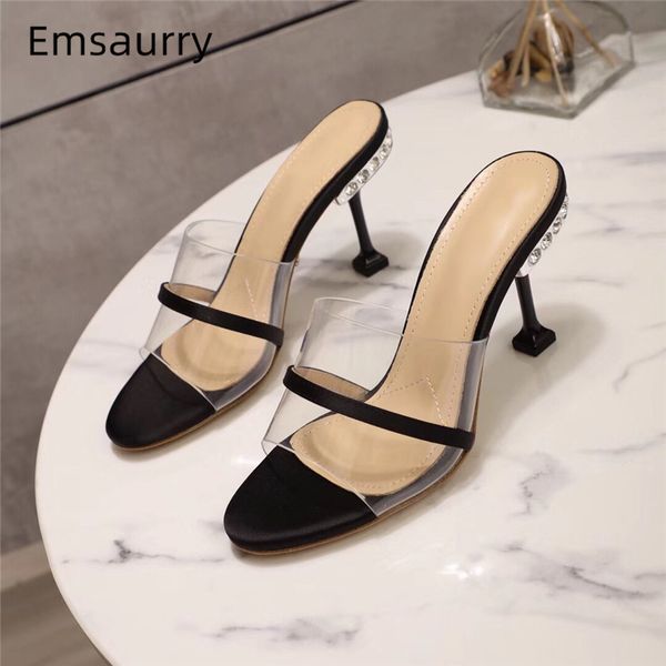 

diamond high goblet heel party shoes woman open toes luxury satin transparent pvc patchwork high heel slippers women, Black