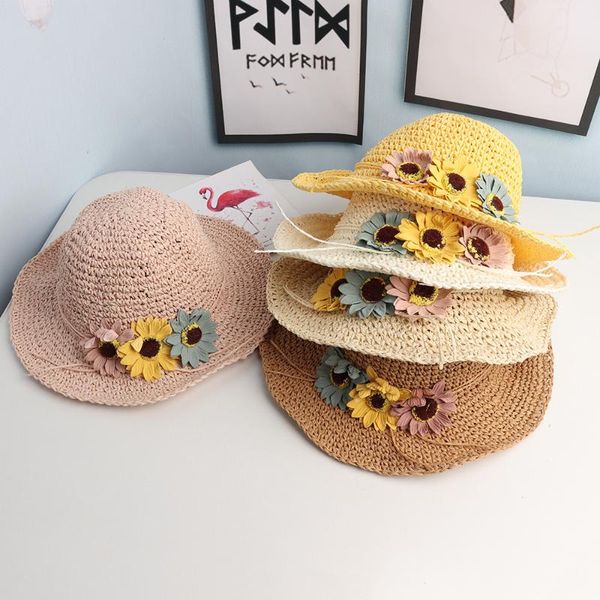 

baby boy and girl hats children's straw hat three flowers princess girls children's 2020 summer new fisherman bucket sun hat, Yellow