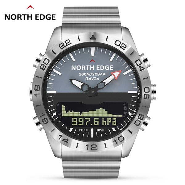 

north edge men dive sports digital watch mens watches army luxury full steel business waterproof 200m altimeter compass, Slivery;brown