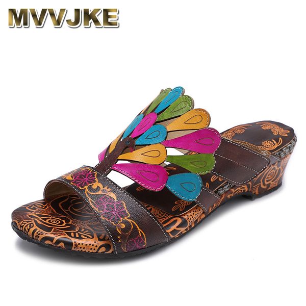 

mvvjke 2020 new summer genuine leather hand painted outdoors slippers flower wedges sewing sandals women slides, Black