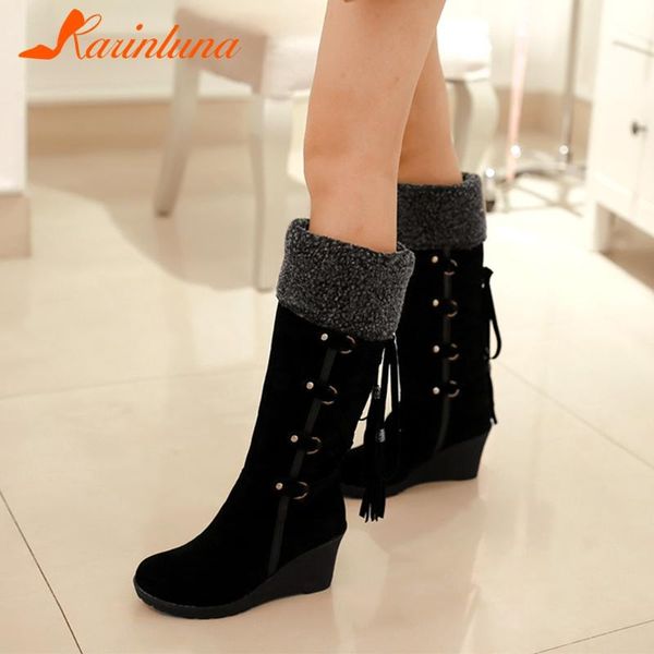 

boots karin 2021 design big size 43 wedge high heels mid calf woman shoes female add fur winter snow, Black