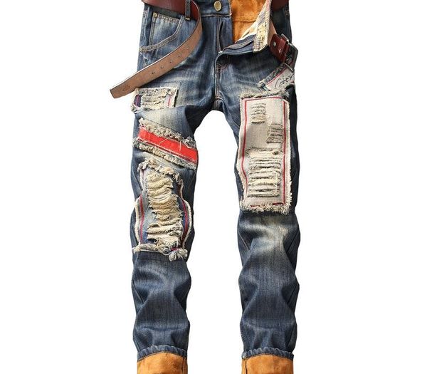 

2020 men's winter warm jeans pants fleece destroyed ripped denim trousers thick thermal distressed biker jeans for men clothes, Blue