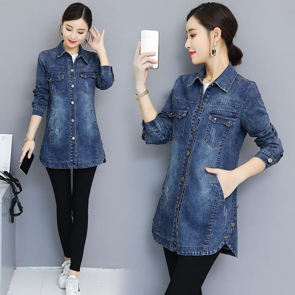

women long denim jacket spring autumn plus size 3xl loose full sleeve fashion blue female casual girls outwear c80612l y200101, Black;brown
