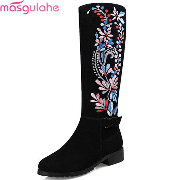 

masgulahe fashion black women boots round toe zipper autumn winter genuine leather+pu ladies boots cow leather knee high