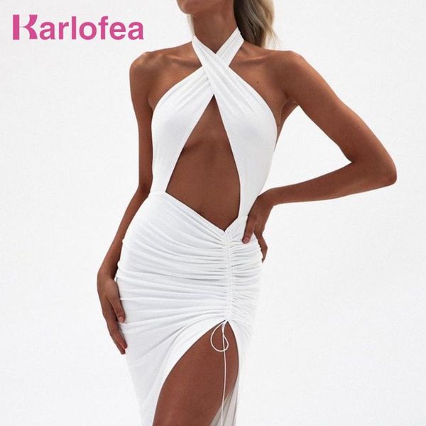 

karlofea women party dress new halter backless maxi dress hollow out drawstring ruched high split vestidos vacation outfit, Black;gray