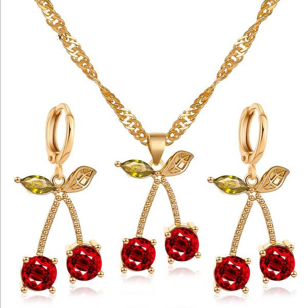 

ywzixln 2020 fashion jewelry luxury gold color red crystal cherry pendant necklace earrings jewelry sets s004, Silver