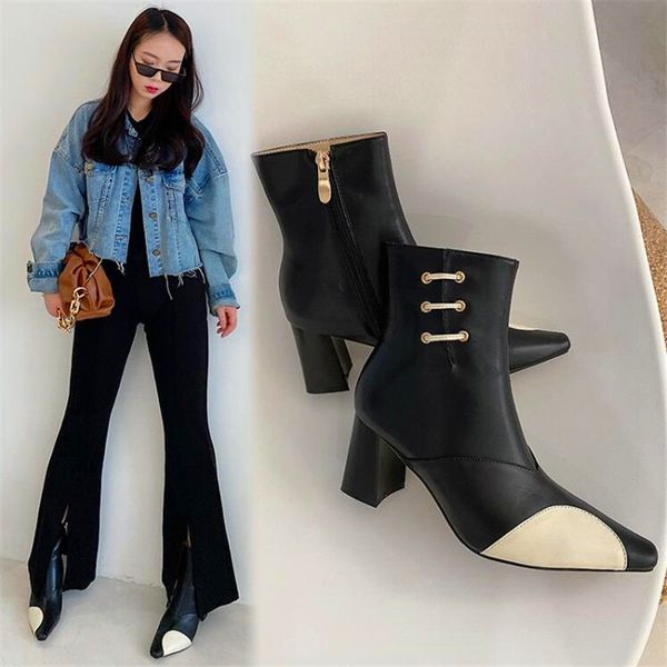 

color-blocking ladies thick-heeled high-heeled boots black leather strips retro cheongsam high-heeled boots ladies