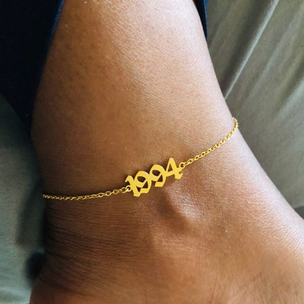 

старый английский шрифт год рождение голеностопного браслеты для женщин розового золота цвета серебра из нержавеющей стали цепи ноги женског, Golden;silver