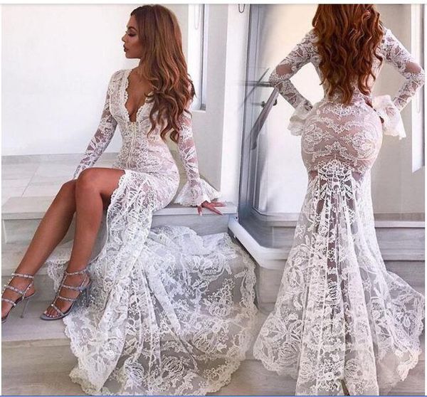 

beach wedding dresses bohemian beach sheer neck high side split lace applique wedding dress bridal gowns boho, White