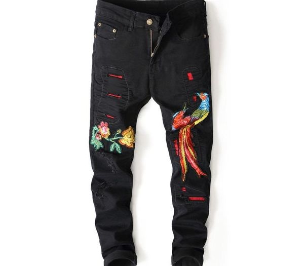 

men casual pantalones skinny biker embroidery elasticity jeans man spring autumn jeans homme, Blue