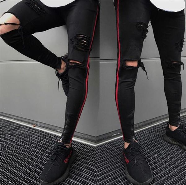 

casual mens дизайнерские брюки мужские hole конструктора джинсы тонкий zipper fly середина талии узкие джинсы мода, Blue