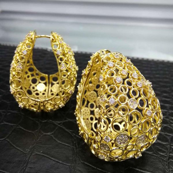 

wholesale luxury hollow fat/wide chic hoop earrings for women earrings jewelry charms elegant full mirco cubic zircon dubai wedding, Golden;silver