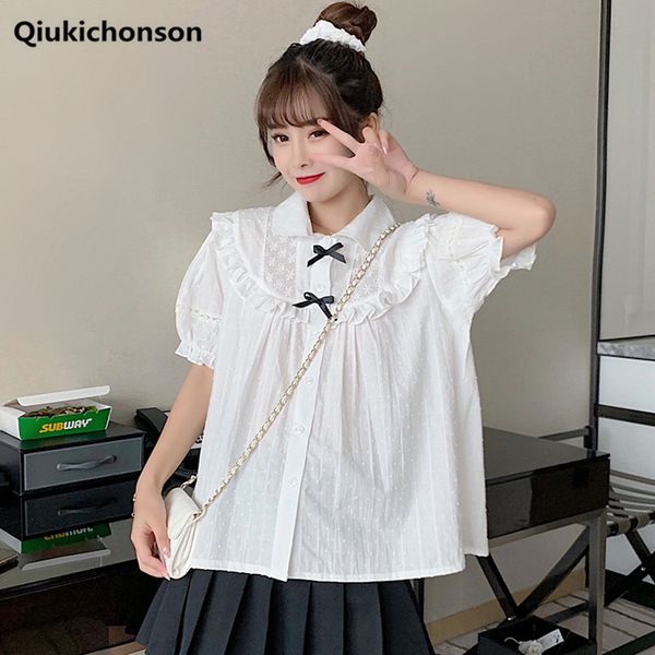 

kawaii frilly white shirts for teen girls vintage hollow out flower embroidery lace patchwork front bowknot puff sleeve