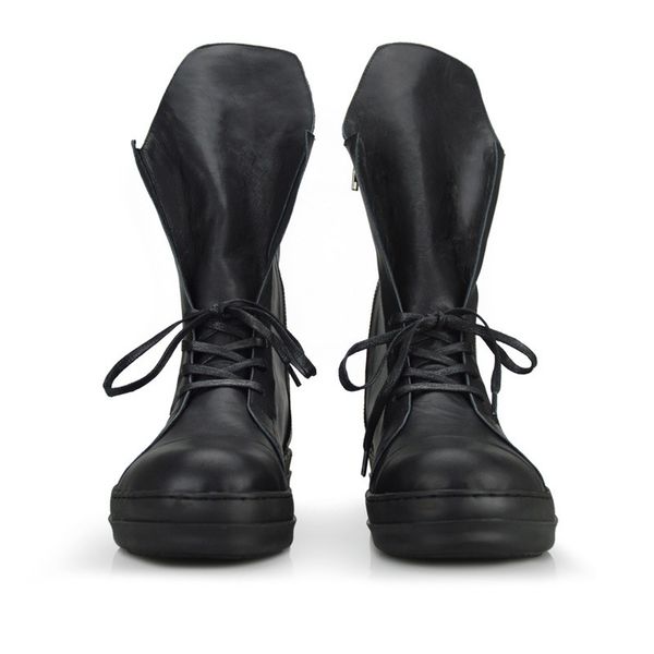 

vintage new fashion mid heel genuine leather winter round toe men ankle boots male shoe european lace up footwear plus size, Black