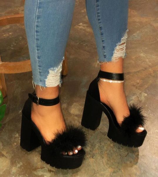 

thick heels rubber platform super high heels women pumps shoes woman summer peep toe wedding party shoes for women sandals, Black