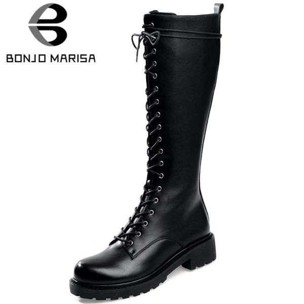 

bonjomarisa genuine leather round toe lace up low heel mid calf boots fashion designer new boots women casual shoes woman, Black