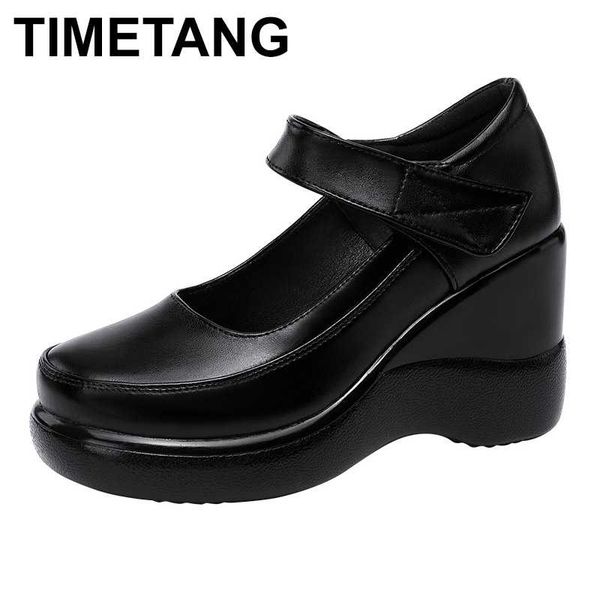 

timetang 2020 spring leather women platform shoes high heels round toes ankle strap black women pumps big size 33-43