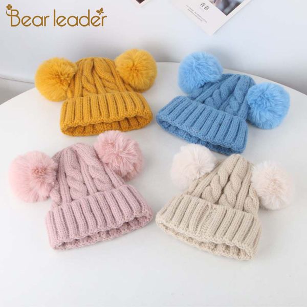 

bear leader infants warm knitted hats 2020 new autumn and winter cap boys and girls wool hat solid plush cute casual accessories, Slivery;white