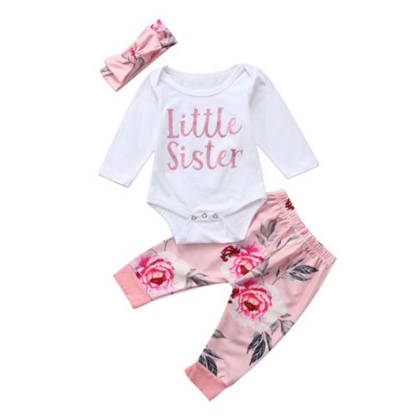 

2020 baby casual clothes set newborn infant baby girl long sleeve letter bodysuit+floral pants+headband autumn outfits set 0-24m, White