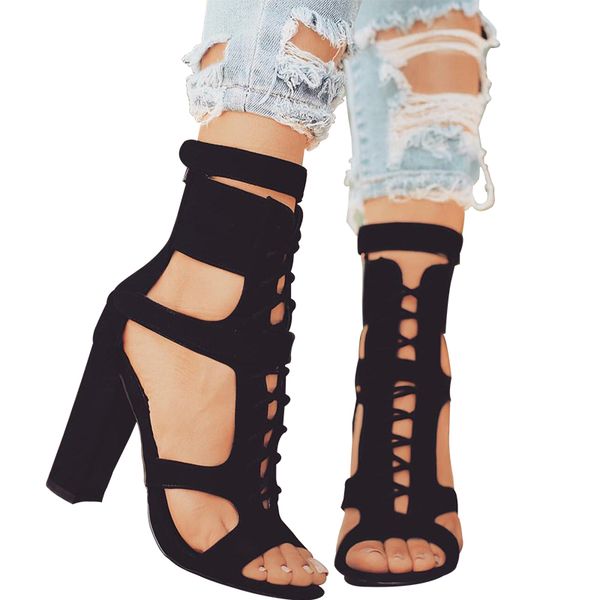 

мода ветер flock женщины сандалии гладиатор высокие каблуки ремень насосы шнуровке женская обувь мода лето женская обувь, Black