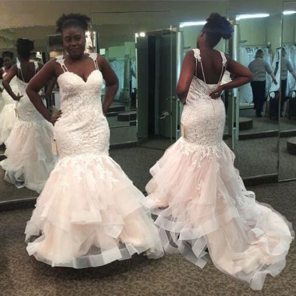 

robe de mariage gowns spaghetti straps sweetheart lace appliqued tiered layers skirt 2021 mermaid wedding dresses vestido de noiva, White