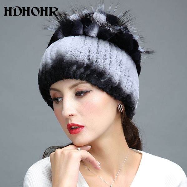 

hdhohr 2020 new fur hat winter women genuine fur hat with silver knitted beanies fashion women natural caps, Blue;gray