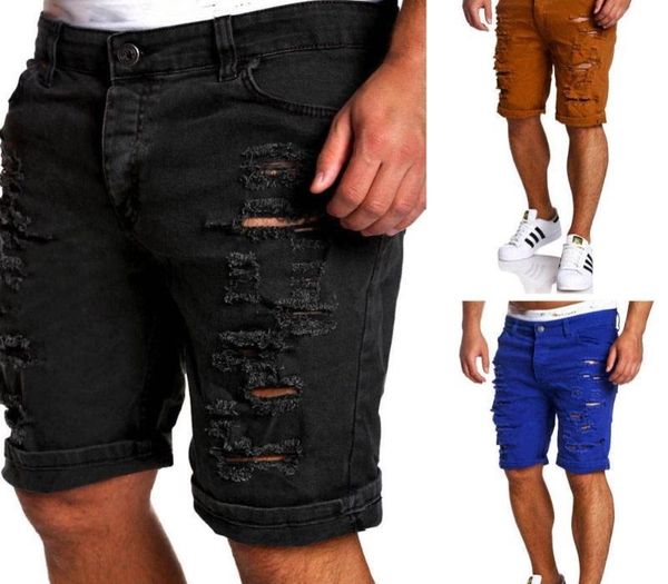 

destroy men jeans short summer fashion blue black white frayed hole knee lengthman denim shorts zipper homme casual shorts