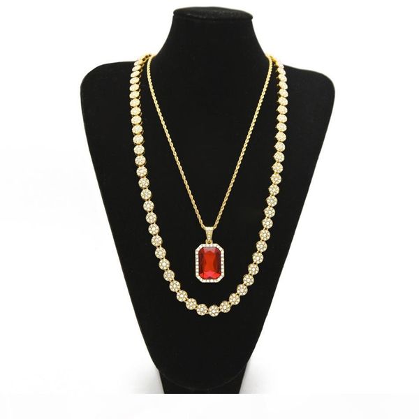 

men hip hop jewelry set 30inch lced out rhinestone 1 row round necklace chain with square red blue pendant necklace, Silver
