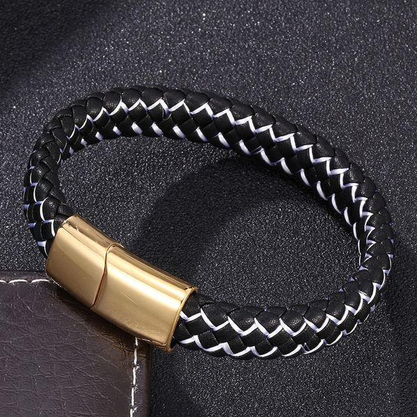 

new black white leather braided charm bracelet men jewelry gold magnetic buckle fashion bangles male wristband gifts s0221, Golden;silver