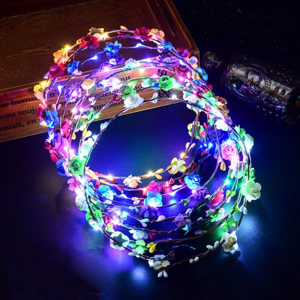 

50pcs colorful flashing led flower headband light up floral hair garland wreath wedding women girl hair accessories