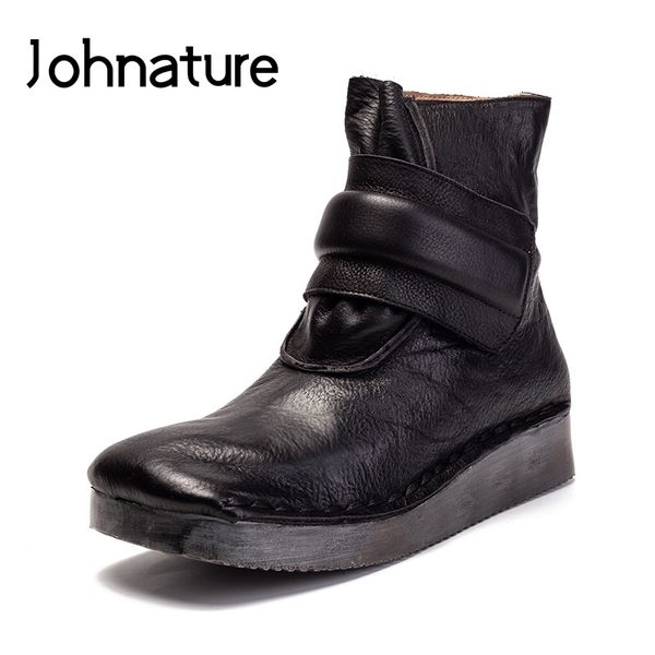 

boots johnature platform women shoes genuine leather hook & loop flat with 2021 autumn winter sewing handmade ankle, Black