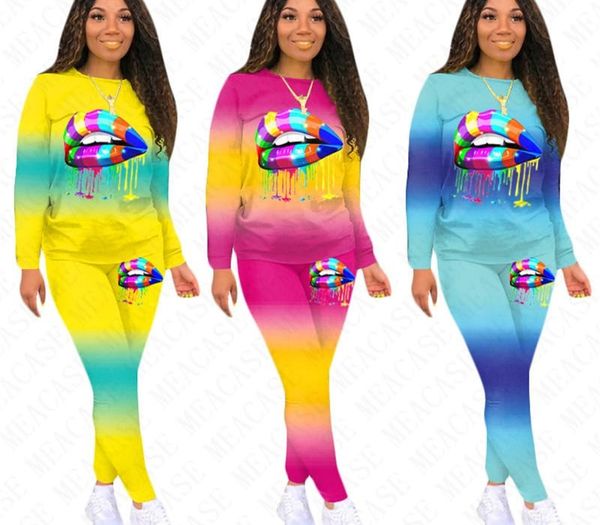 

women tracksuit designer lips gradient color round neck long sleeves t shirt pants leggings two pieces outfits casual sports suit d71602, Gray