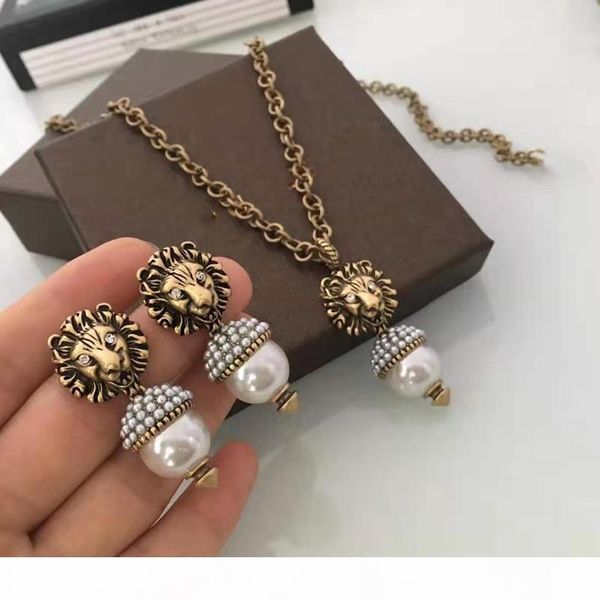 

charming women earrings gold plated cz pearl lion head earrings necklace for girls women for party wedding nice gift, Golden;silver
